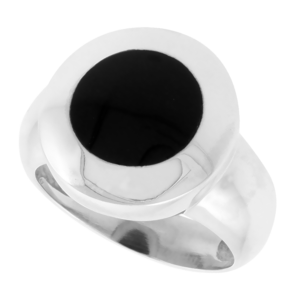 Round Dot Sterling Silver Genuine Black Onyx Ring for Women 5/8 inch (16 mm)