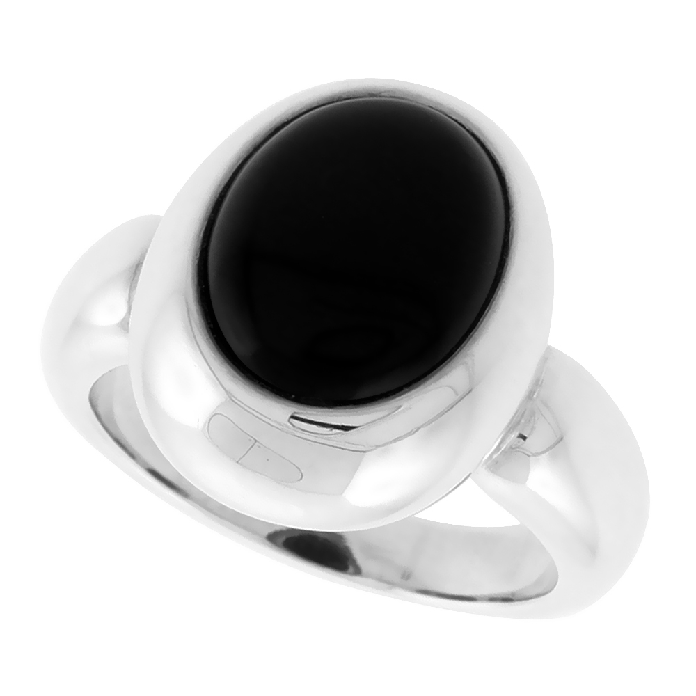 Oval Cabochon Sterling Silver Genuine Black Onyx Ring for Women 11/16 inch (17 mm)