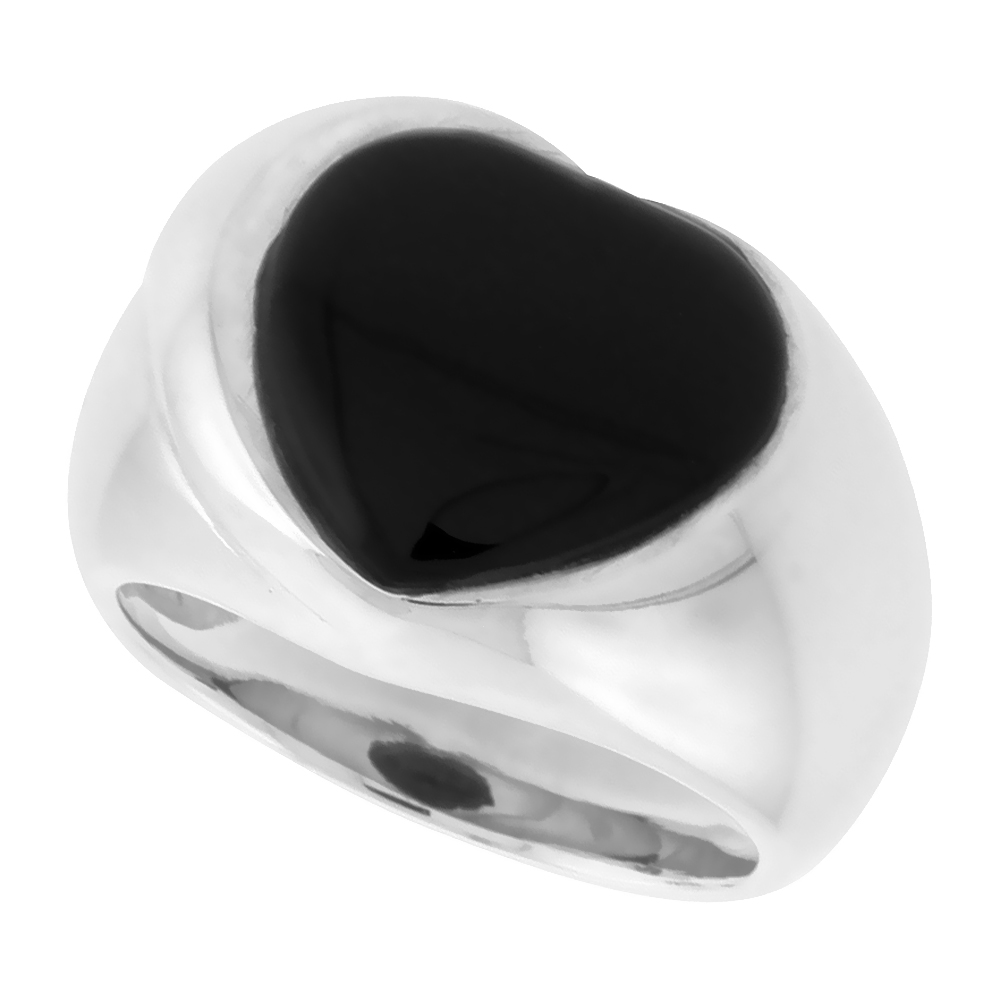Heart Sterling Silver Genuine Black Onyx Ring for Women 5/8 inch (16 mm)