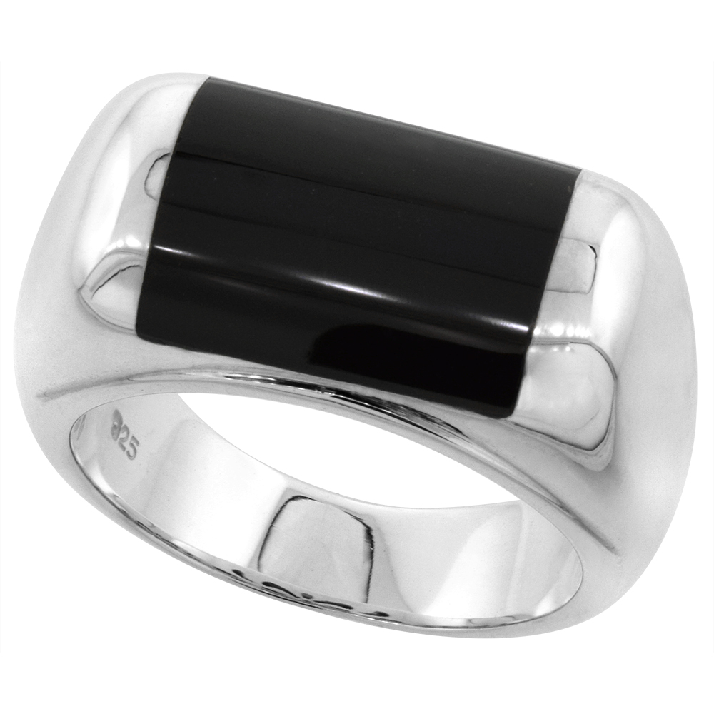 Semicylindrical Sterling Silver Genuine Black Onyx Ring for Men 7/16 inch (11 mm)