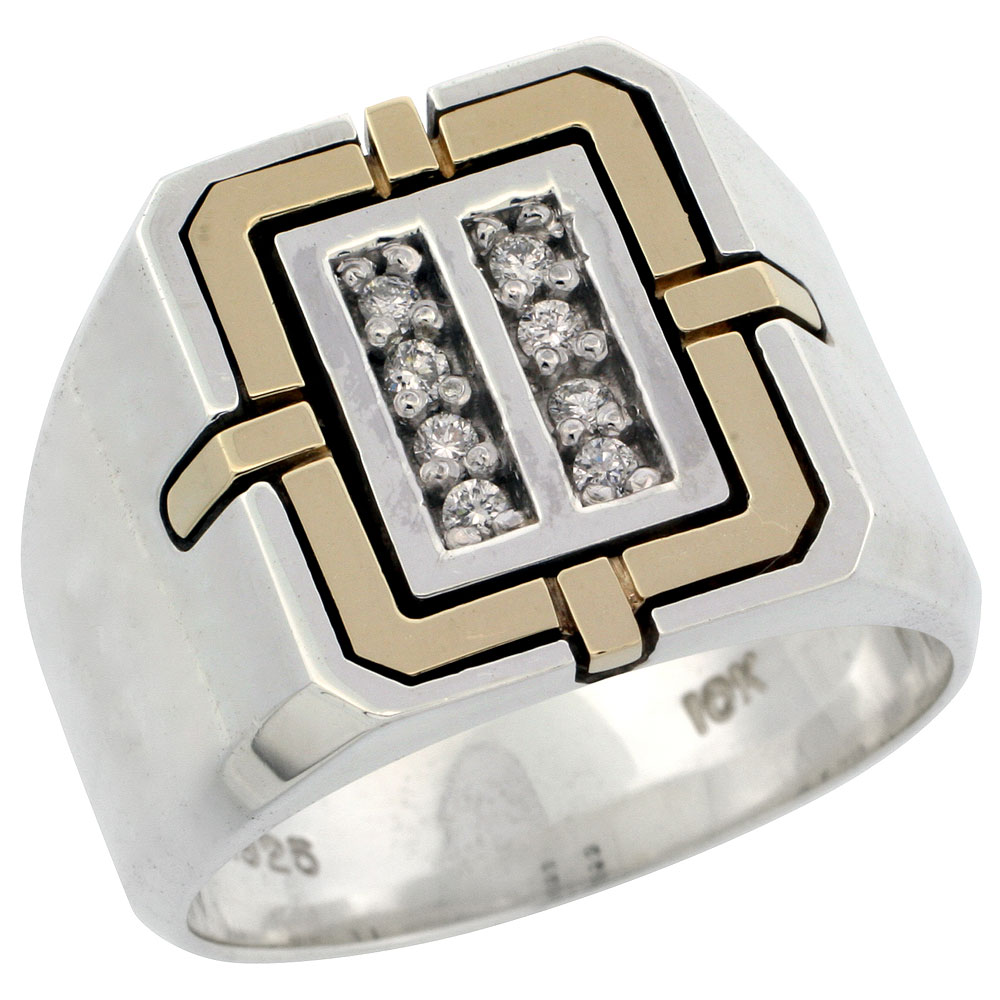 10k Gold &amp; Sterling Silver 2-Tone Men&#039;s Rectangular Diamond Ring with 0.14 ct. Brilliant Cut Diamonds, 5/8 inch wide