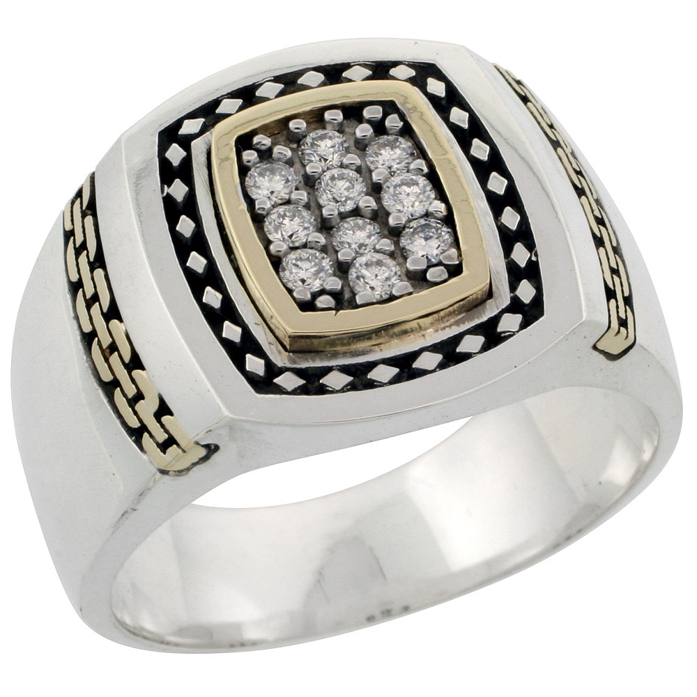 10k Gold &amp; Sterling Silver 2-Tone Men&#039;s Link Design Diamond Ring with 0.24 ct. Brilliant Cut Diamonds, 5/8 inch wide