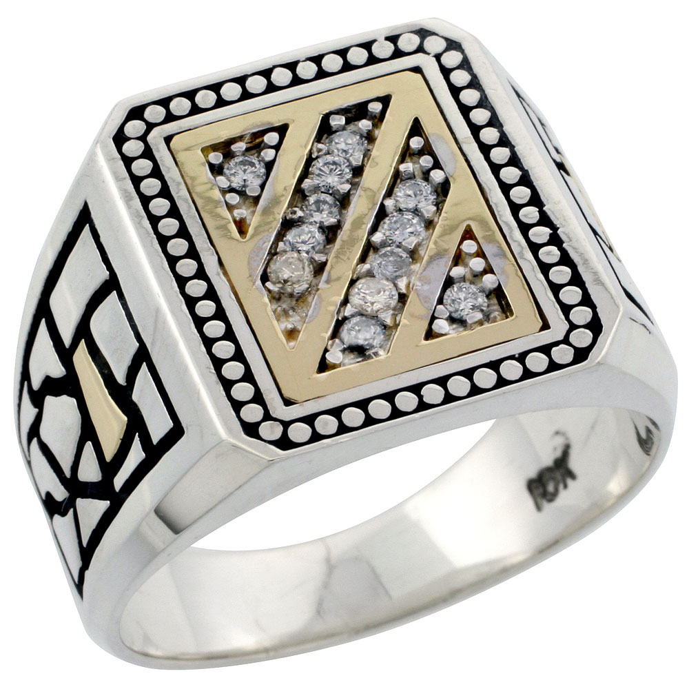 10k Gold &amp; Sterling Silver 2-Tone Men&#039;s Diagonal Stripe Diamond Ring with 0.16 ct. Brilliant Cut Diamonds, 5/8 inch wide