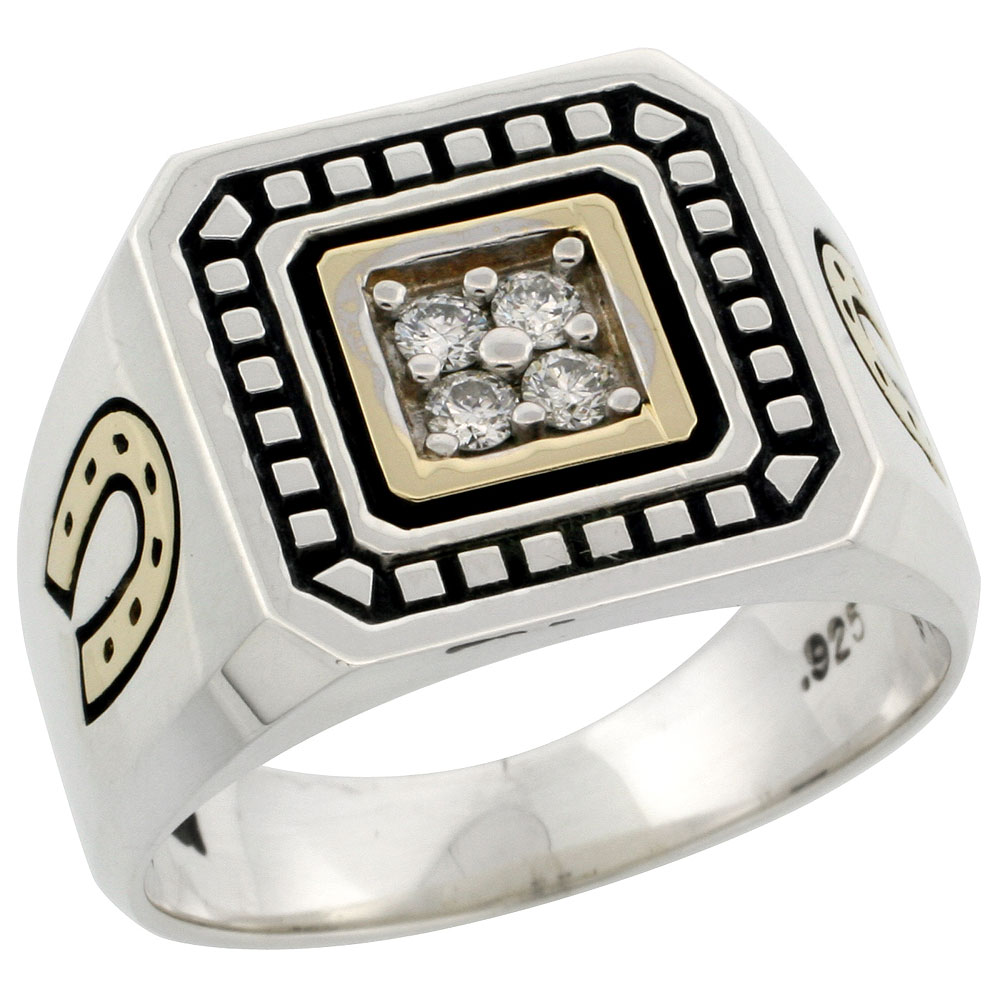 10k Gold &amp; Sterling Silver 2-Tone Men&#039;s Horse Shoe Design Diamond Ring with 0.19 ct. Brilliant Cut Diamonds, 19/32 inch wide