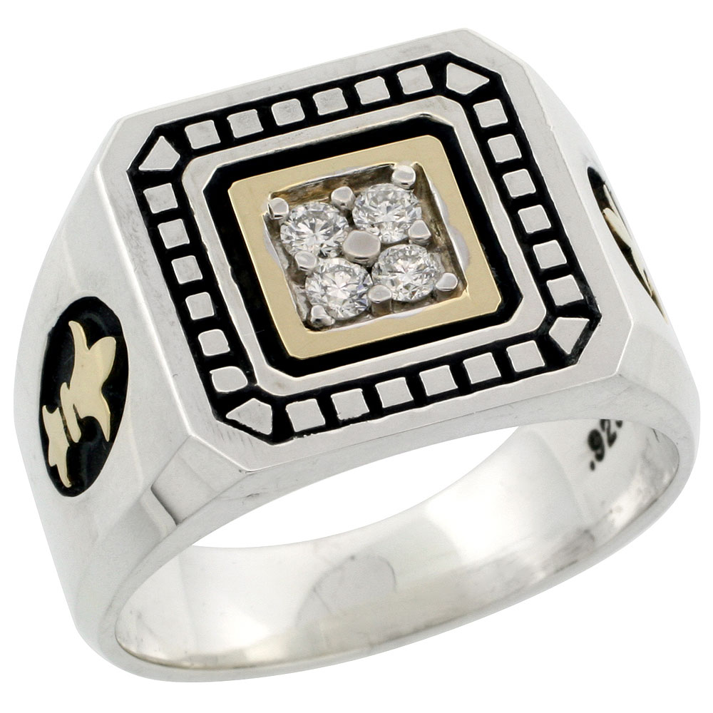 10k Gold &amp; Sterling Silver 2-Tone Men&#039;s Fleur De Lys Design Diamond Ring with 0.20 ct. Brilliant Cut Diamonds, 19/32 inch wide