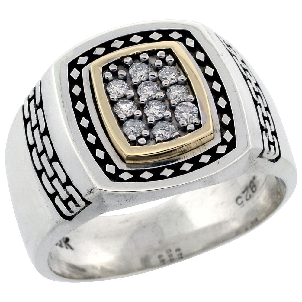 10k Gold &amp; Sterling Silver 2-Tone Men&#039;s Brick Design Diamond Ring with 0.24 ct. Brilliant Cut Diamonds, 5/8 inch wide