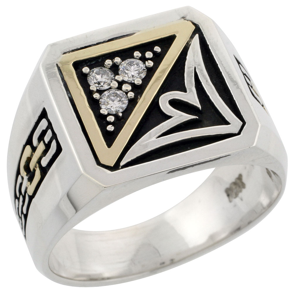 10k Gold & Sterling Silver 2-Tone Men's Chain Link Design Square Diamond Ring with 0.14 ct. Brilliant Cut Diamonds, 19/32 inch wide