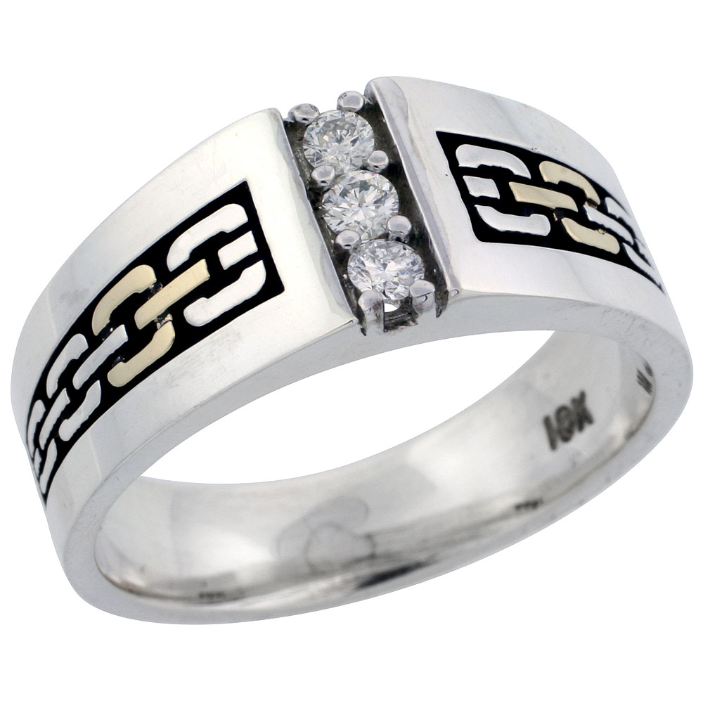10k Gold &amp; Sterling Silver 2-Tone Men&#039;s 3-Stone Chain Link Design Diamond Ring with 0.18 ct. Brilliant Cut Diamonds, 3/8 inch wide