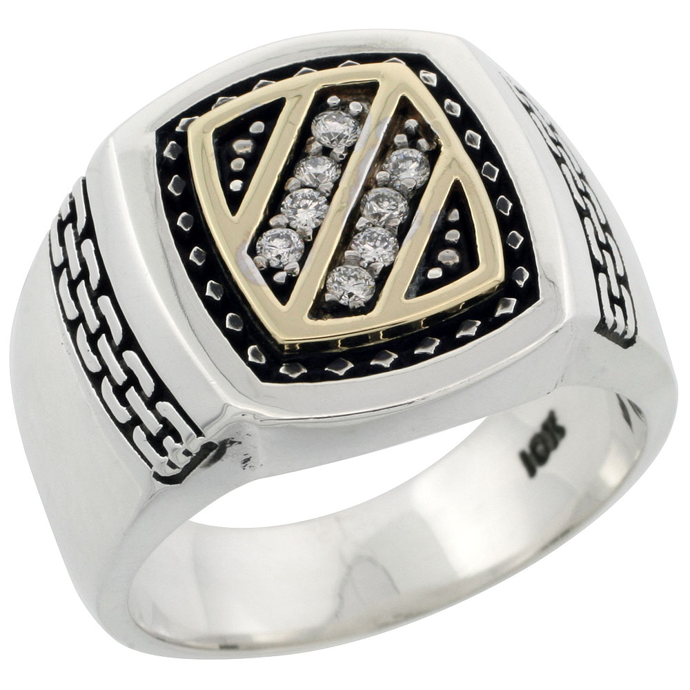 10k Gold & Sterling Silver 2-Tone Men's Diagonal Stripe Design Diamond Ring with 0.17 ct. Brilliant Cut Diamonds, 11/16 inch wide