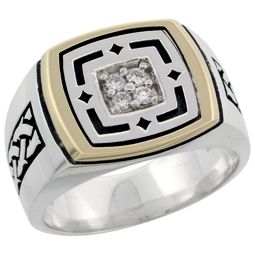 10k Gold &amp; Sterling Silver 2-Tone Men&#039;s Square Diamond Ring with 0.16 ct. Brilliant Cut Diamonds, 19/32 inch wide