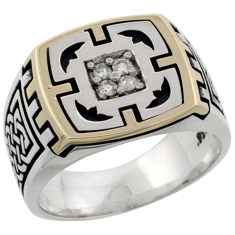 10k Gold & Sterling Silver 2-Tone Men's Celtic Diamond Ring with 0.16 ct. Brilliant Cut Diamonds, 19/32 inch wide