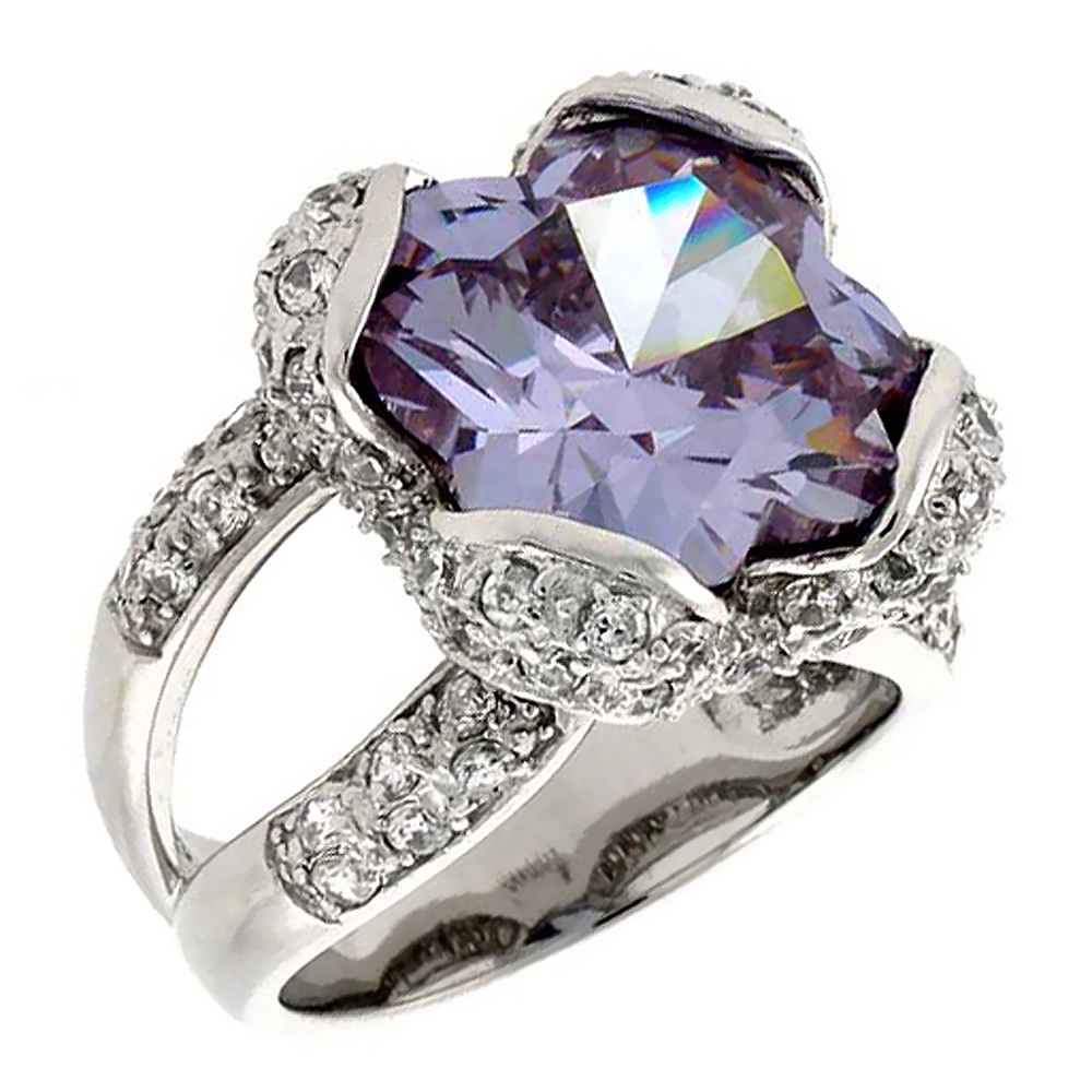 Sterling Silver &amp; Rhodium Plated Ladies&#039; Ring, w/ a Large (13 mm) Center Light Amethyst-colored Cubic Zirconia Stone, 11/16&quot; (18