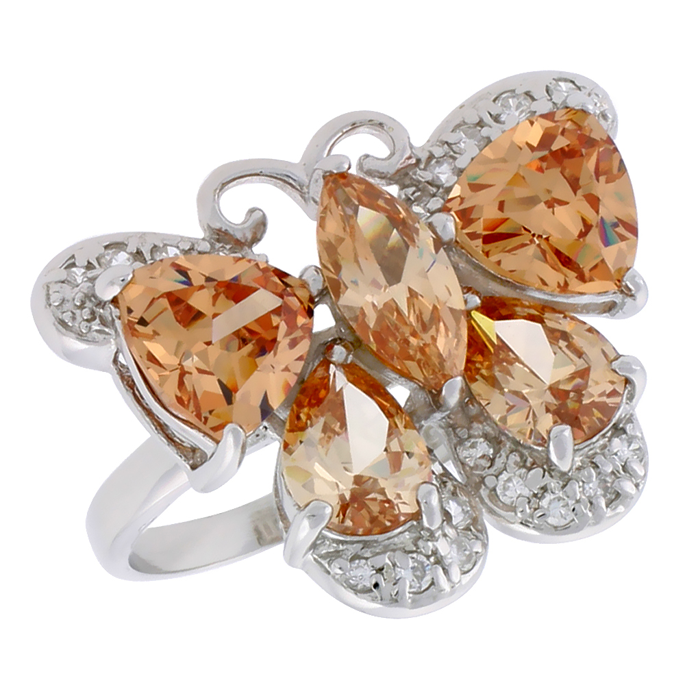 Sterling Silver & Rhodium Plated Ladies' Butterfly Ring, w/ Citrine-colored Cubic Zirconia Stones, 3/4" (20 mm) wide