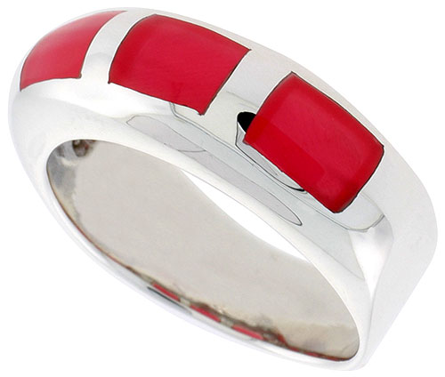 Sterling Silver Oxidized Ring, w/ Three 6 x 4 mm Rectangular Red Resin, 3/8&quot; (10 mm) wide