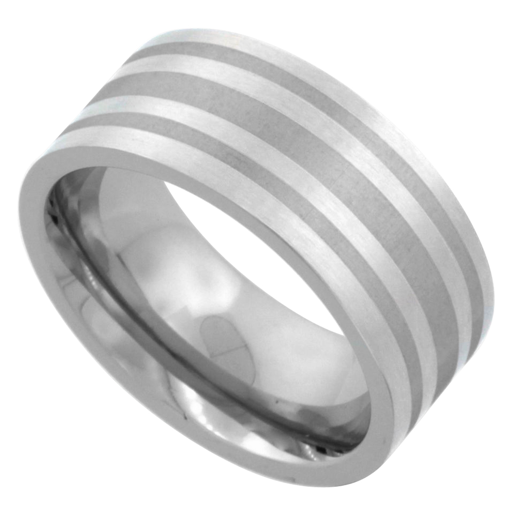Surgical Stainless Steel 9mm Wedding Band Ring 3 Stripes Comfort-Fit, sizes 7 - 14