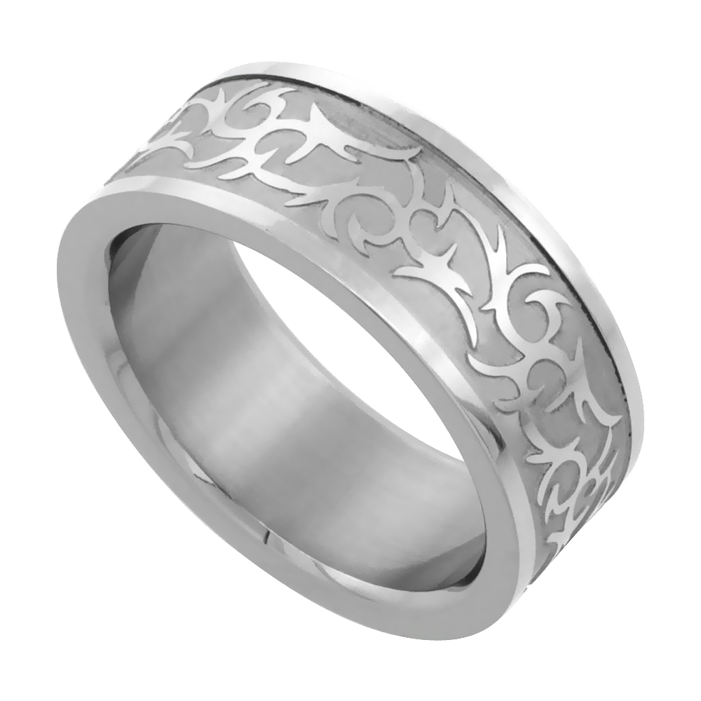 Surgical Stainless Steel 8mm Tribal Design Ring Wedding Band, sizes 7 - 14