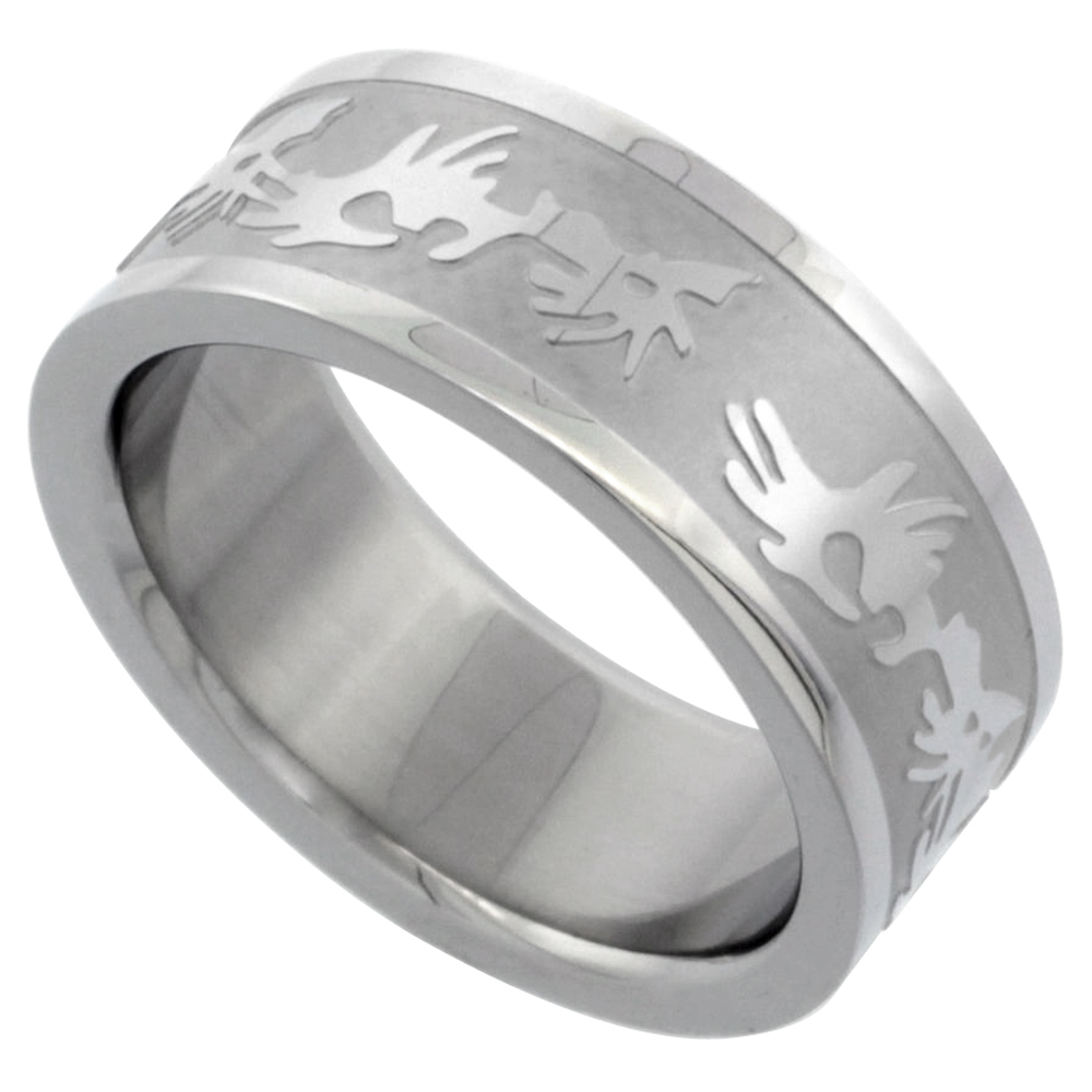 Surgical Stainless Steel 8mm Tribal Design Ring Wedding Band, sizes 7 - 14