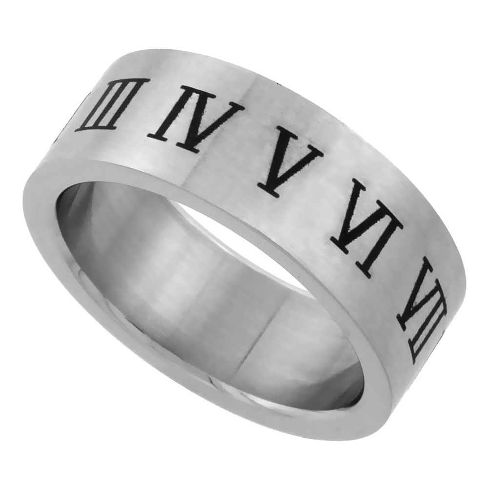 Surgical Stainless Steel 6mm Roman Numerals Ring Wedding Band Matt Finish, sizes 7 - 14