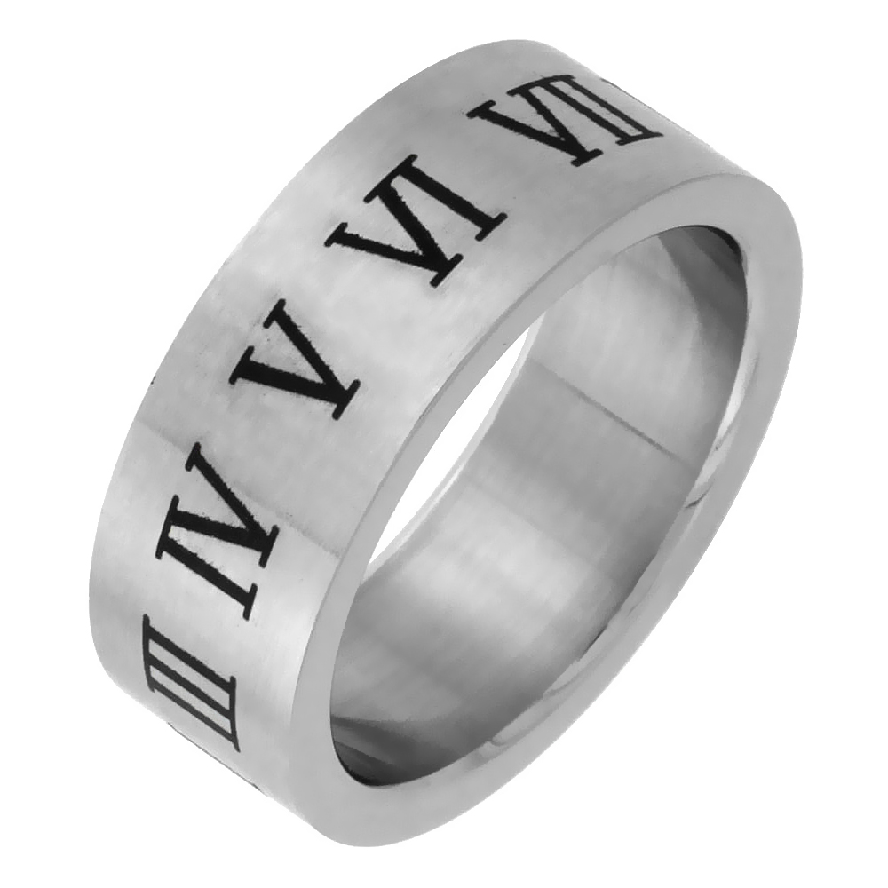 Surgical Stainless Steel 8mm Roman Numerals Ring Wedding Band Matt Finish, sizes 7 - 14