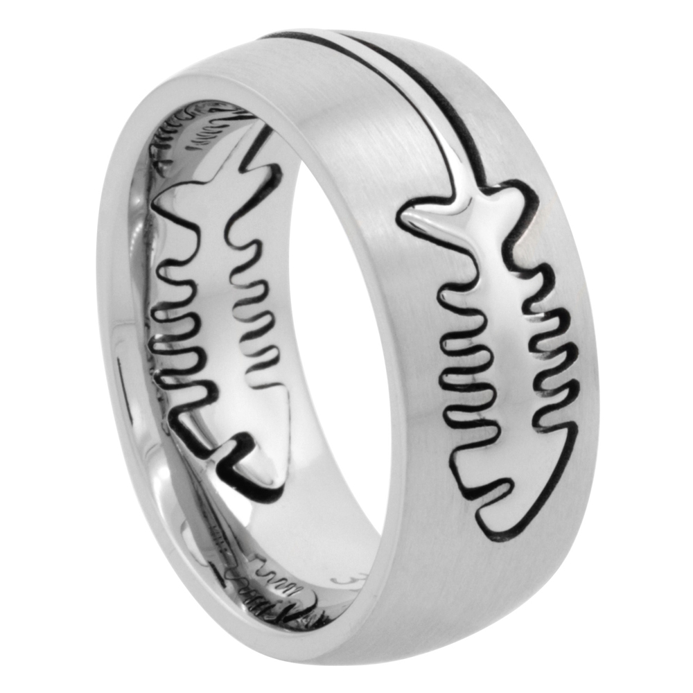 Surgical Stainless Steel Domed 9mm Fish Bone Ring Wedding Band Comfort-Fit, sizes 7 - 14