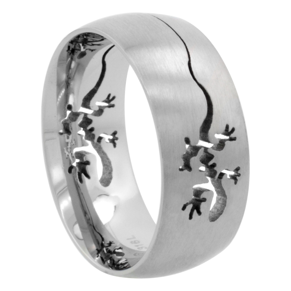 Surgical Stainless Steel Domed 9mm Tribal Gecko Ring Wedding Band Comfort-Fit, sizes 7 - 14