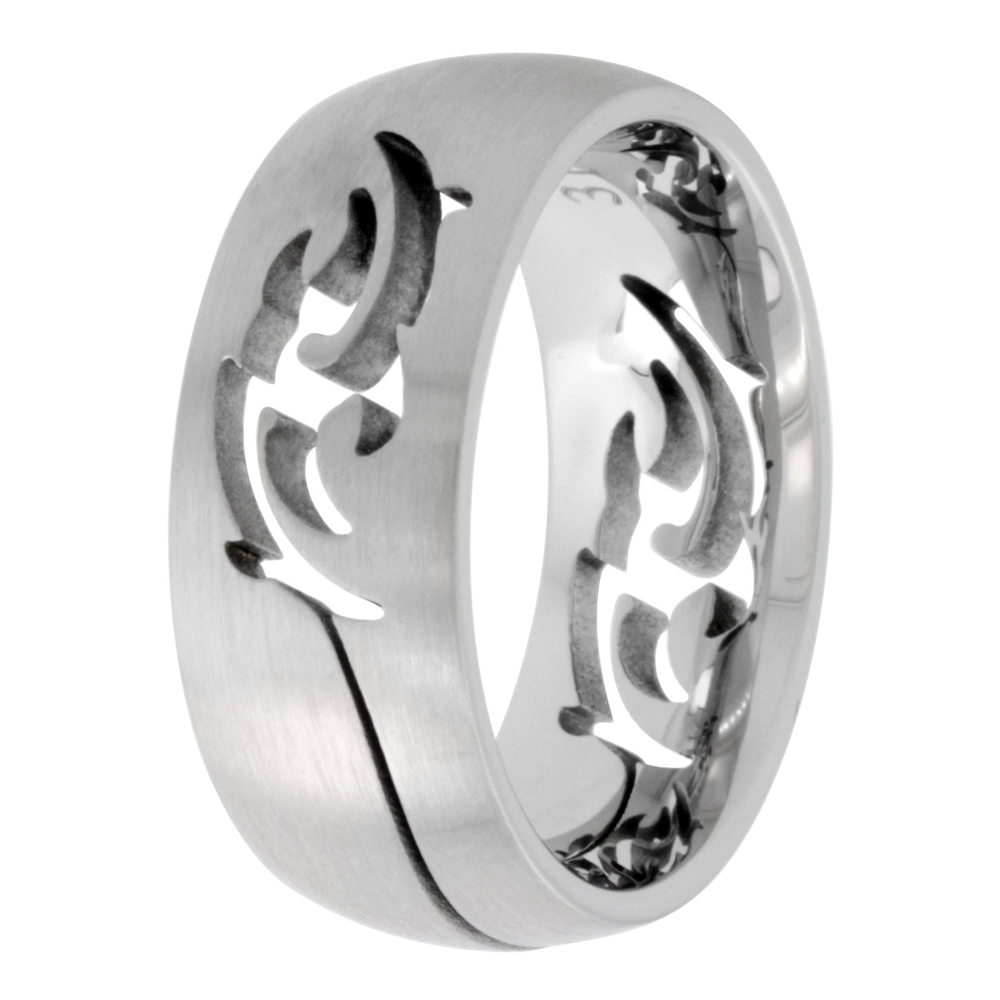 Stainless Steel 9mm Domed Wedding Band Ring Tribal Pattern Cut-out Matte Finish Comfort-Fit, sizes 7 - 14