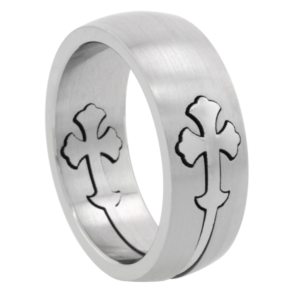 Surgical Stainless Steel 8mm Gothic Cross Wedding Band Ring Domed Matte Finish, sizes 7 - 14