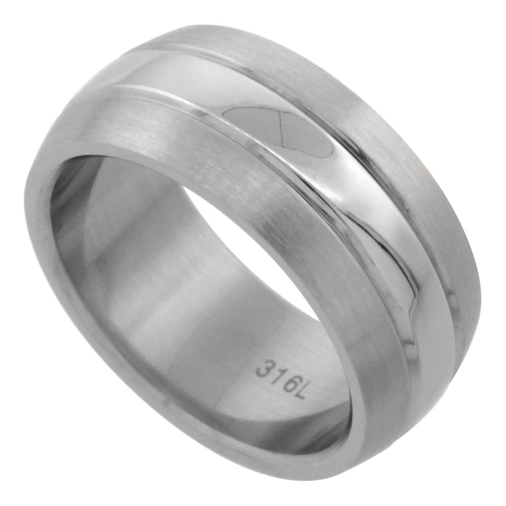 Surgical Stainless Steel 9mm Wedding Band Ring Polished Center Matte Finish Beveled Edges, sizes 7 - 14
