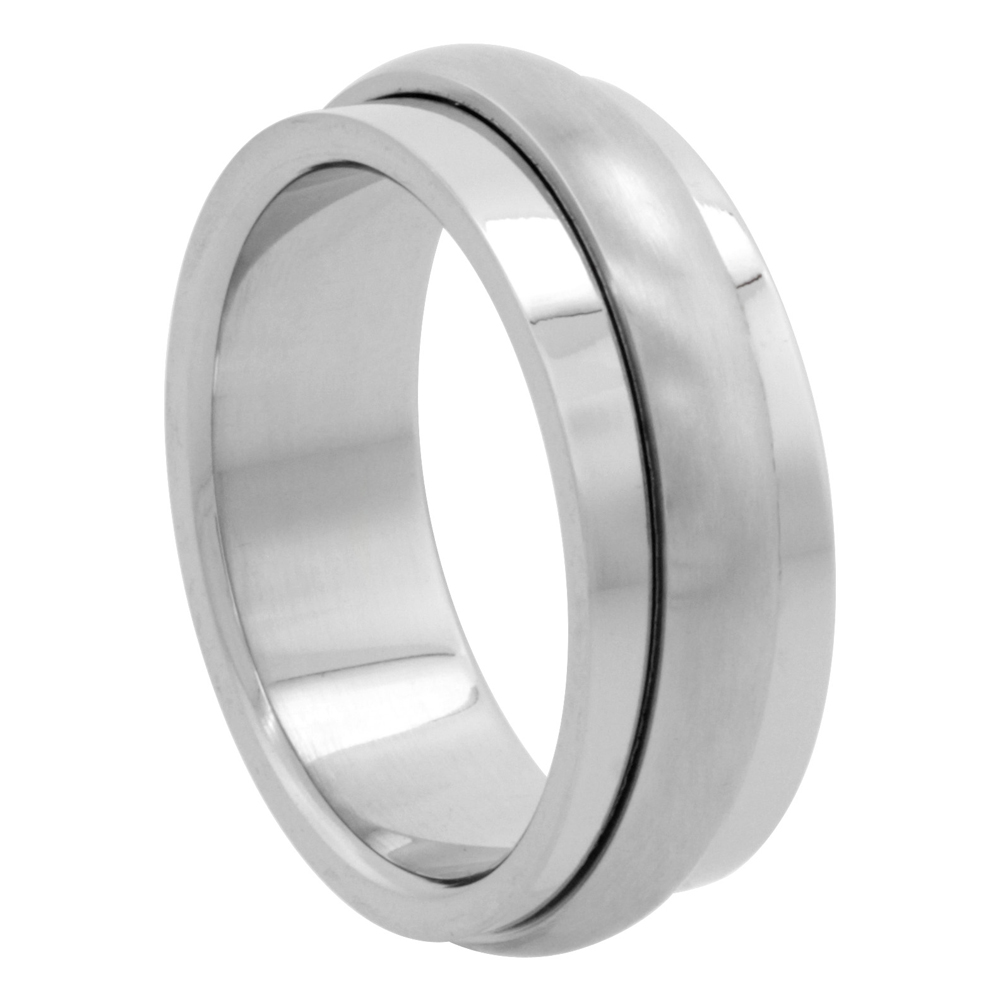 Surgical Stainless Steel 8mm Spinner Wedding Band Ring Domed Matte Center, sizes 7 - 14