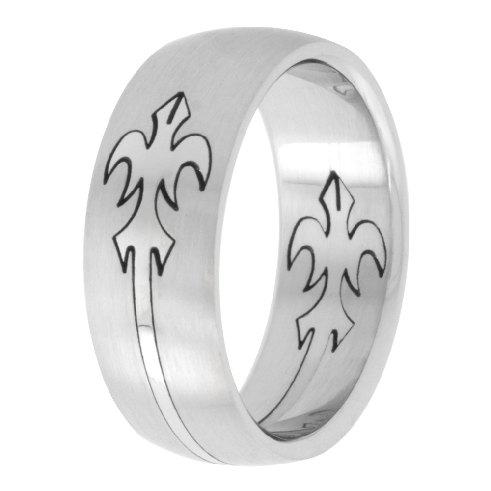Surgical Stainless Steel Domed 8mm Fleur-de-lis Ring, sizes 8 - 14