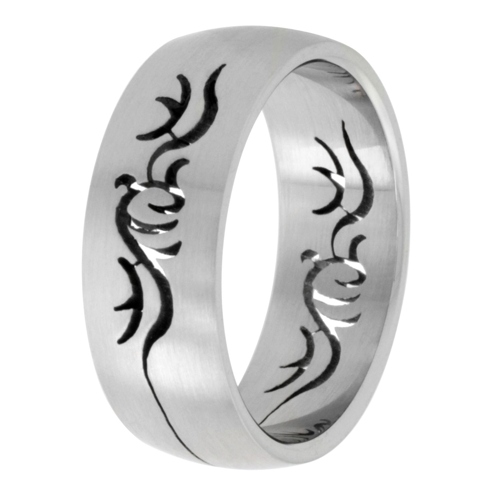 Surgical Stainless Steel Domed 8mm Band Ring Tribal Cut-out Design, sizes 8 - 14