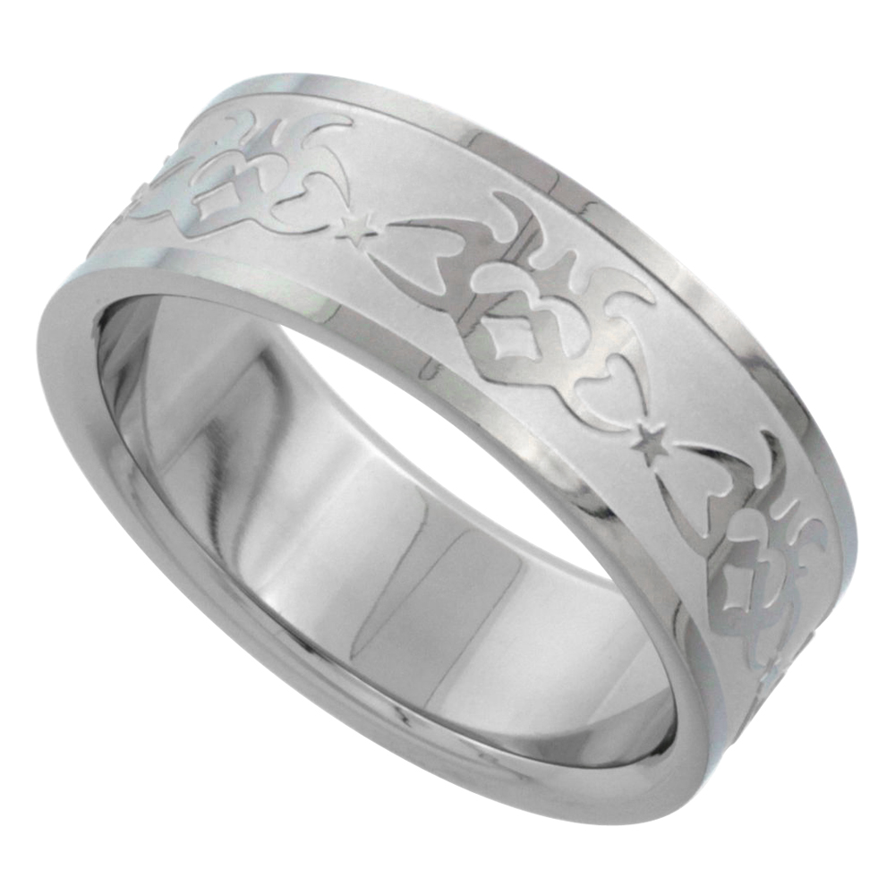Surgical Stainless Steel 8mm Tribal Heart on Flames Ring Wedding Band Matte finish, sizes 8 - 14