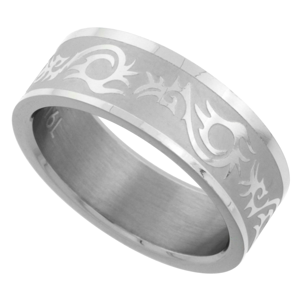 Surgical Stainless Steel 8mm Tribal Pattern Ring Wedding Band Matte finish, sizes 8 - 14