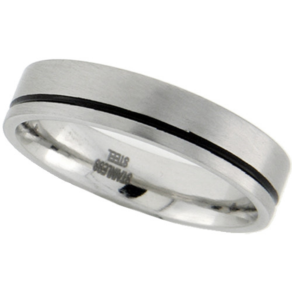 Surgical Stainless Steel 6mm Wedding Band Ring Black Stripe matte Finish Comfort-Fit, sizes 7 - 14