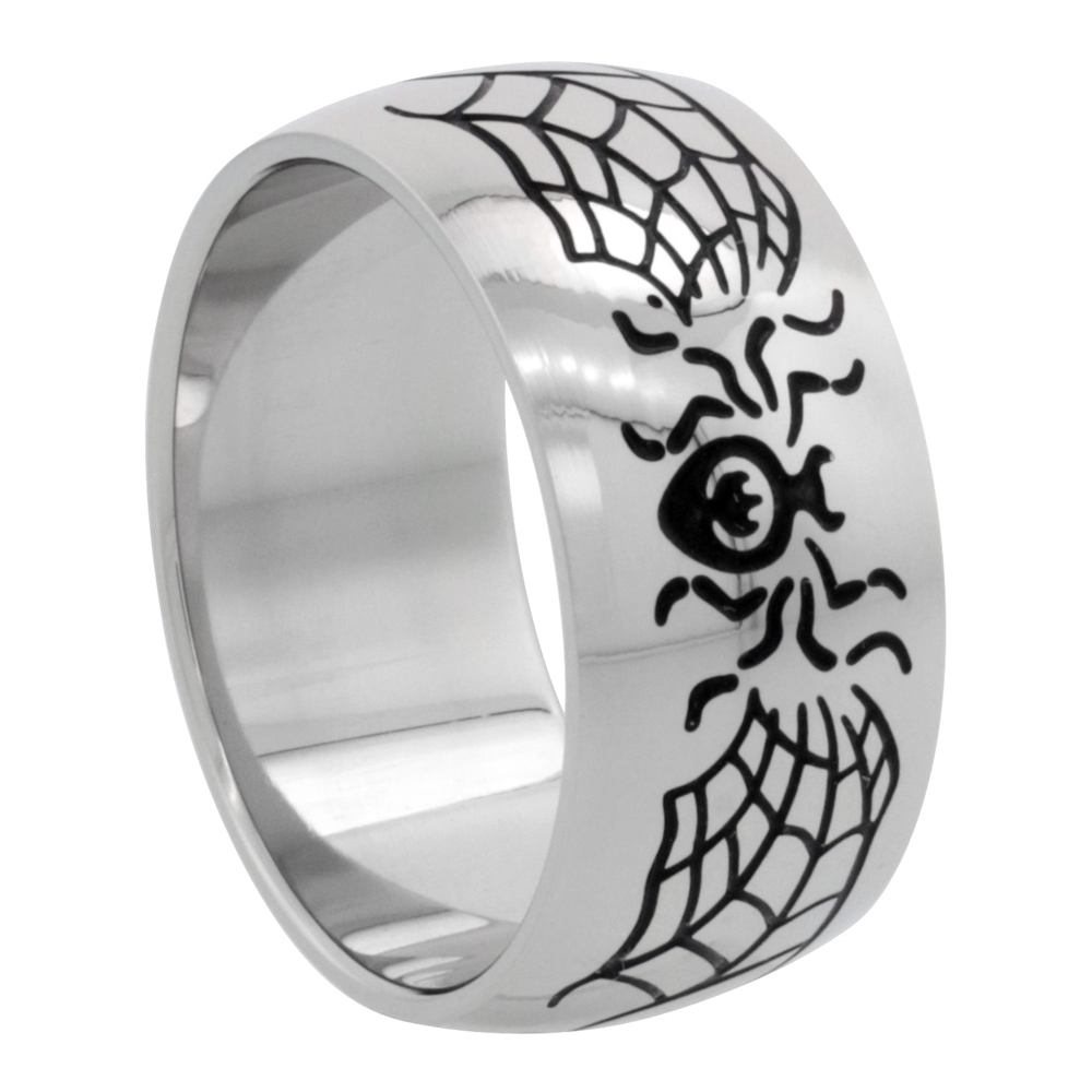Surgical Stainless Steel 10mm Domed Spider &amp; Web Wedding Band Ring, sizes 8 - 14