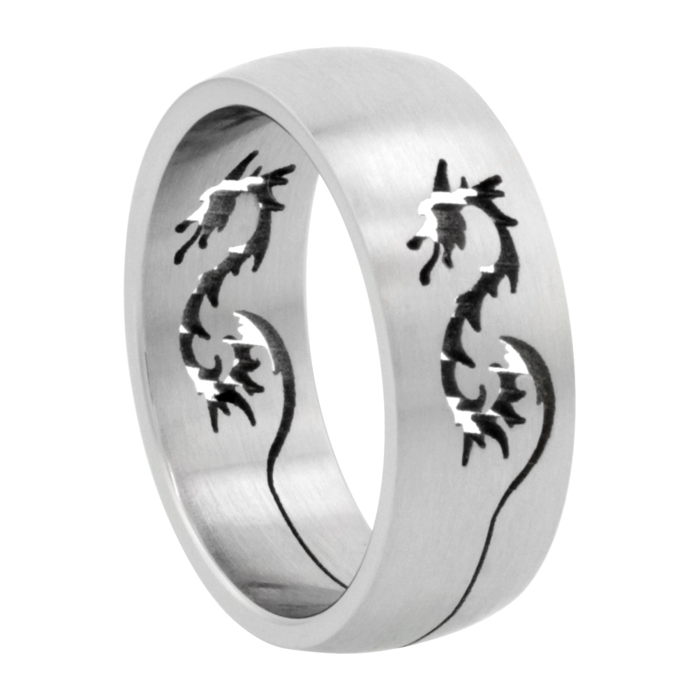 Surgical Stainless Steel 8mm Dragon Wedding Band Ring Domed Cut-out design, sizes 8 - 14