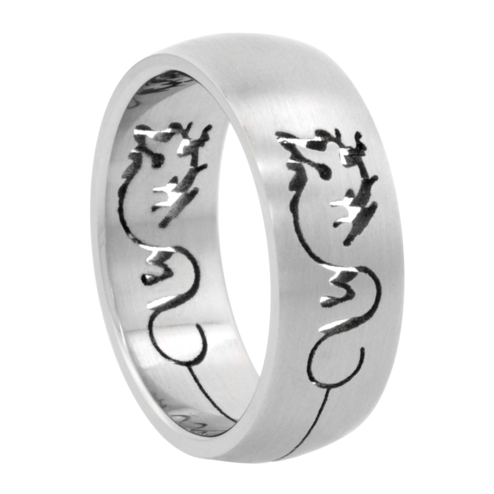 Surgical Stainless Steel 8mm Dragon Wedding Band Ring Domed Cut-out design, sizes 8 - 14