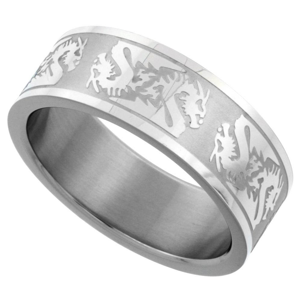 Surgical Stainless Steel 8mm Chinese Dragon Wedding Band Ring Matte finish, sizes 7 - 14