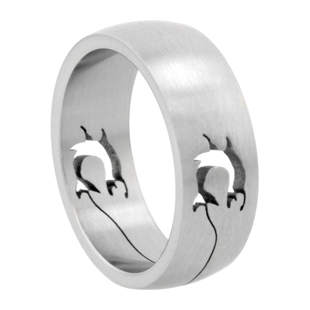 Surgical Stainless Steel 8mm Dolphins Wedding Band Ring Domed Cut-outs Pattern, sizes 8 - 14