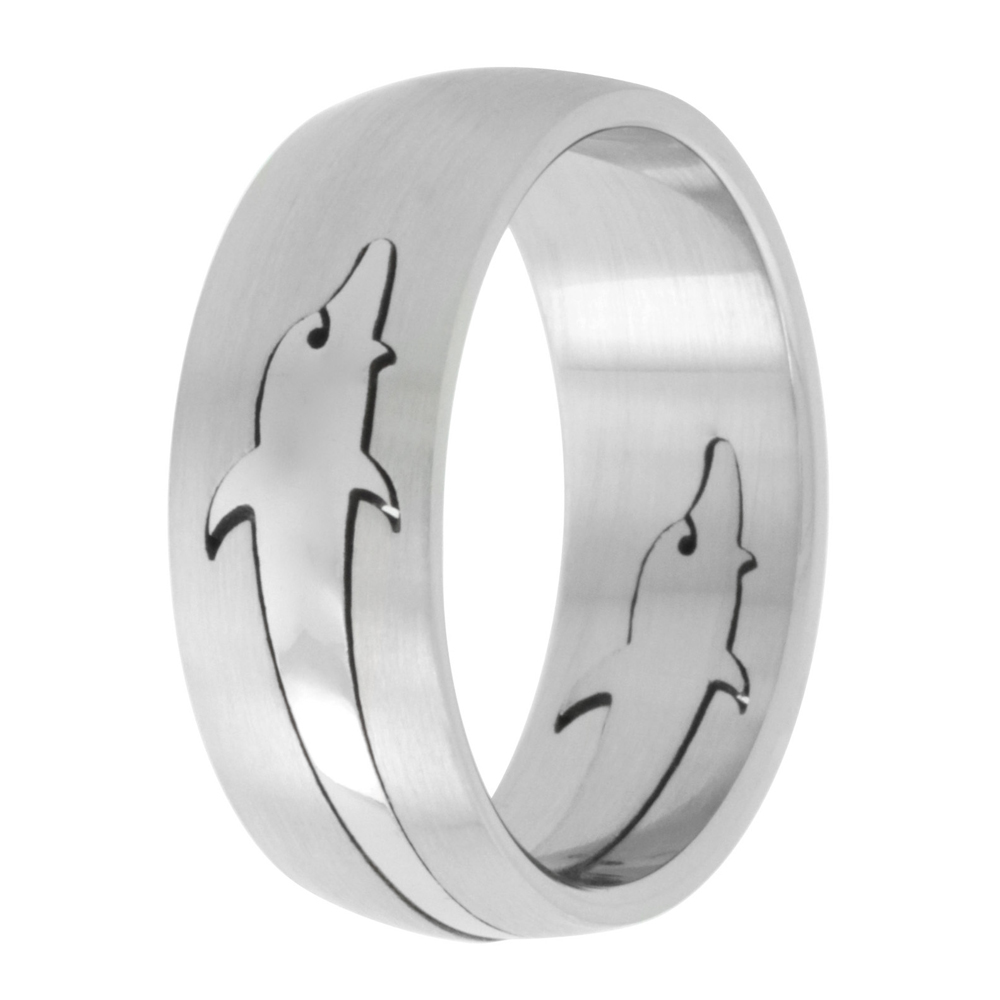 Surgical Stainless Steel 8mm Dolphins Wedding Band Ring Domed Cut-out Insert, sizes 8 - 14