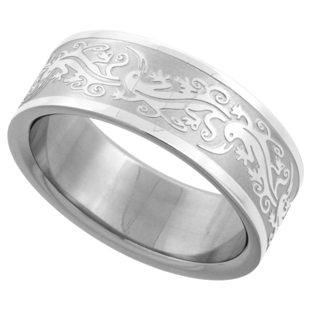 Surgical Stainless Steel 8mm Tribal Gecko Wedding Band Ring Etched Pattern Matte Background, sizes 8 - 14