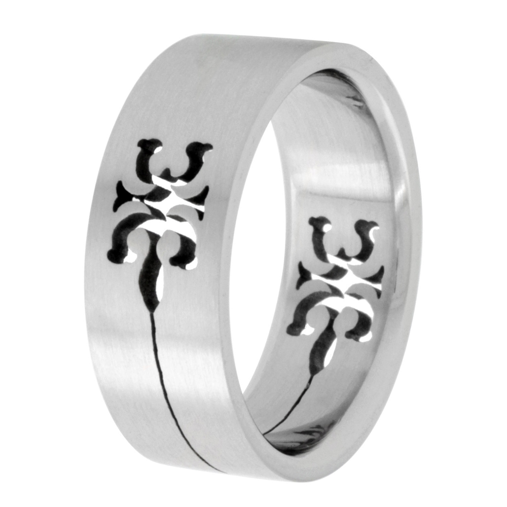 Surgical Stainless Steel 8mm Tribal Gecko Wedding Band Ring Cut-out Pattern Matte finish, sizes 8 - 14