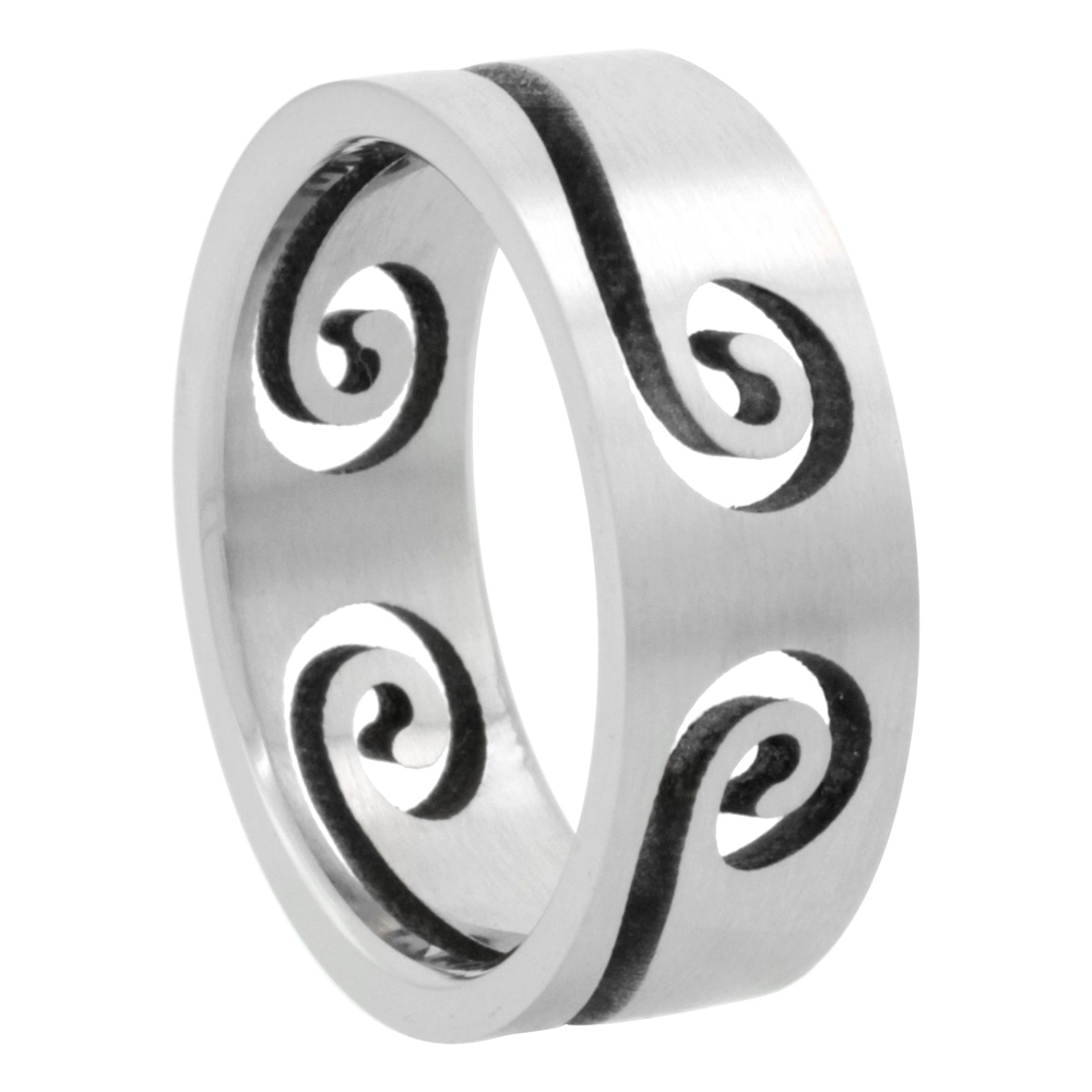 Surgical Stainless Steel 8mm Swirl Wedding Band Ring Cut-out Pattern Matte Finish, sizes 8 - 14