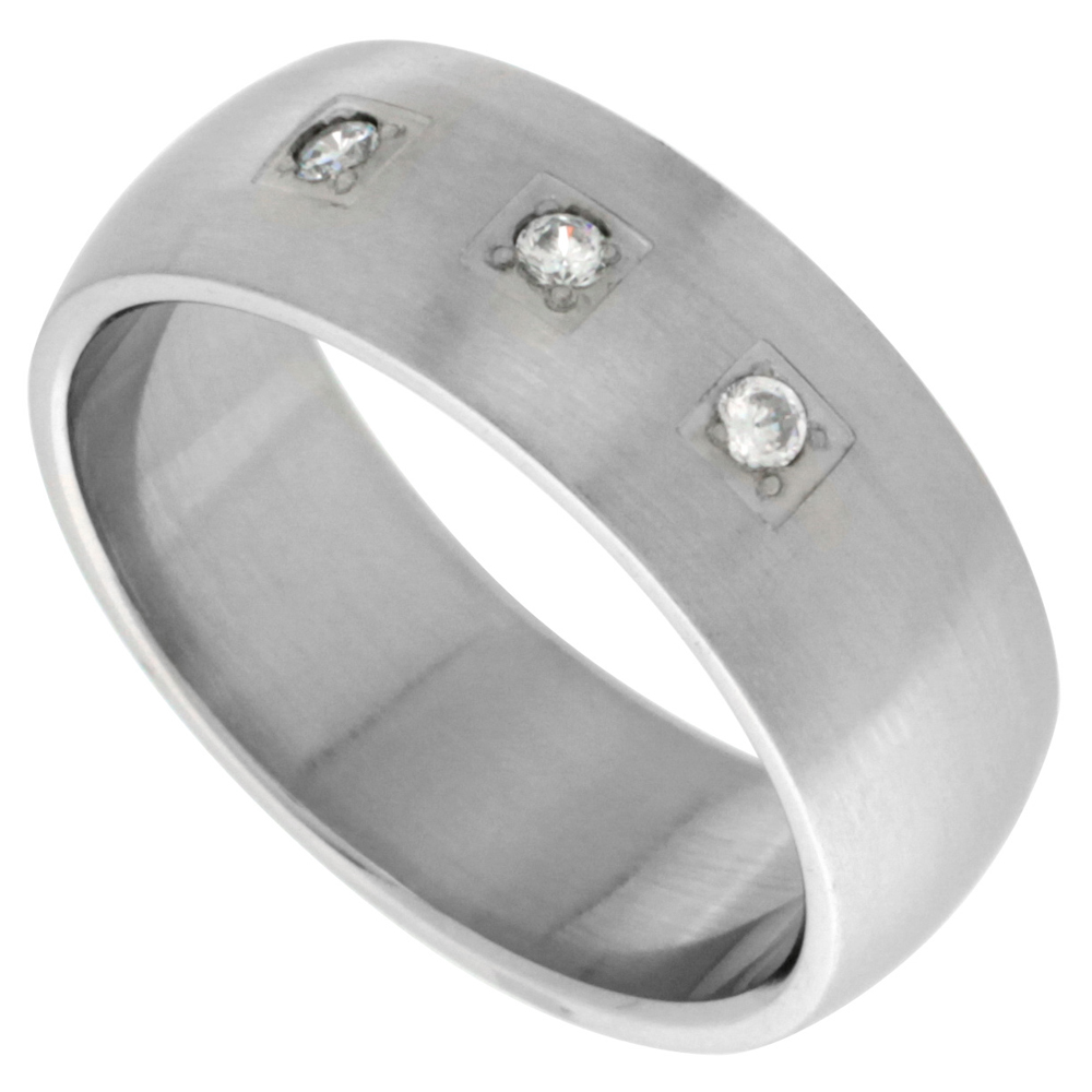 Surgical Stainless Steel 8mm Cubic Zirconia Wedding Band Ring 3-stones Domed Matte Finish, sizes 8 - 14