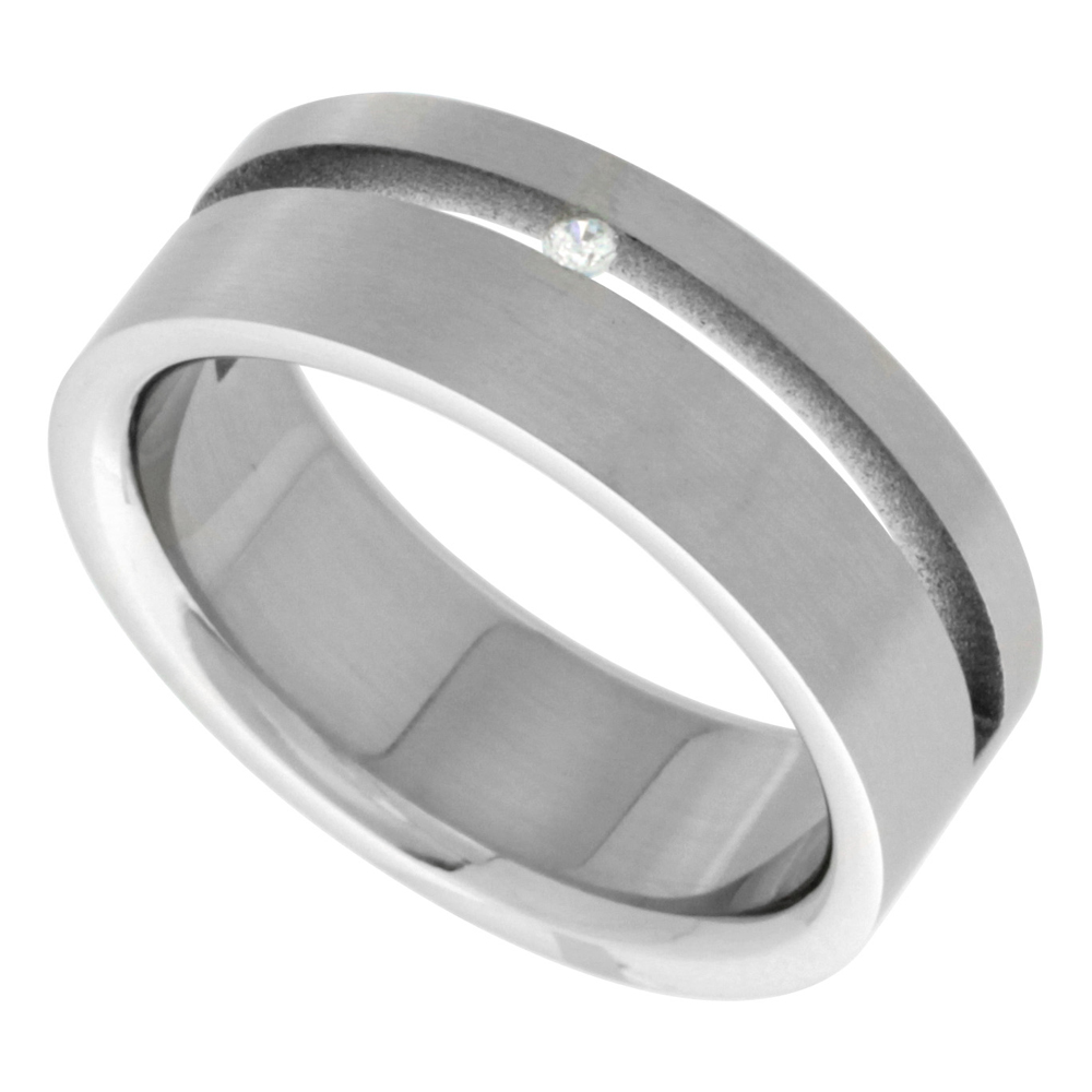 Surgical Stainless Steel 8mm Cubic Zirconia Wedding Band Ring Channel Set Matte Finish, sizes 8 - 14