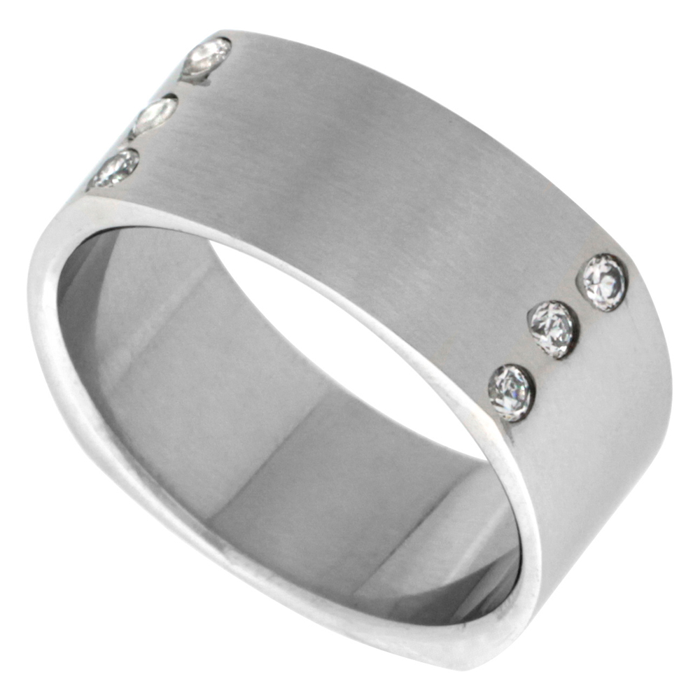 Surgical Stainless Steel 9mm Cubic Zirconia Square Wedding Band Ring Matte Finish, sizes 8 - 14