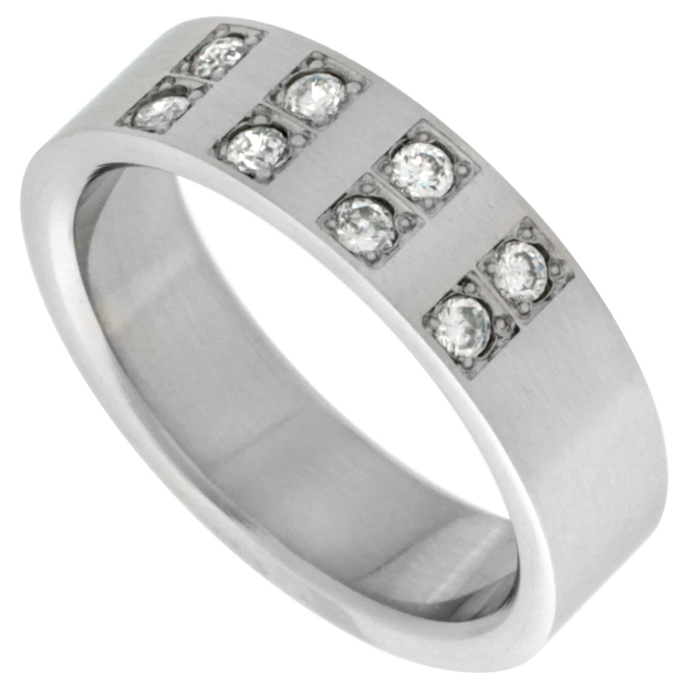 Surgical Stainless Steel 6mm Cubic Zirconia Wedding Band Ring 8-Stones, sizes 8 - 14