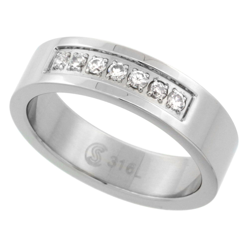 Surgical Stainless Steel 6mm Cubic Zirconia Wedding Band Ring 7-Stones, sizes 8 - 14