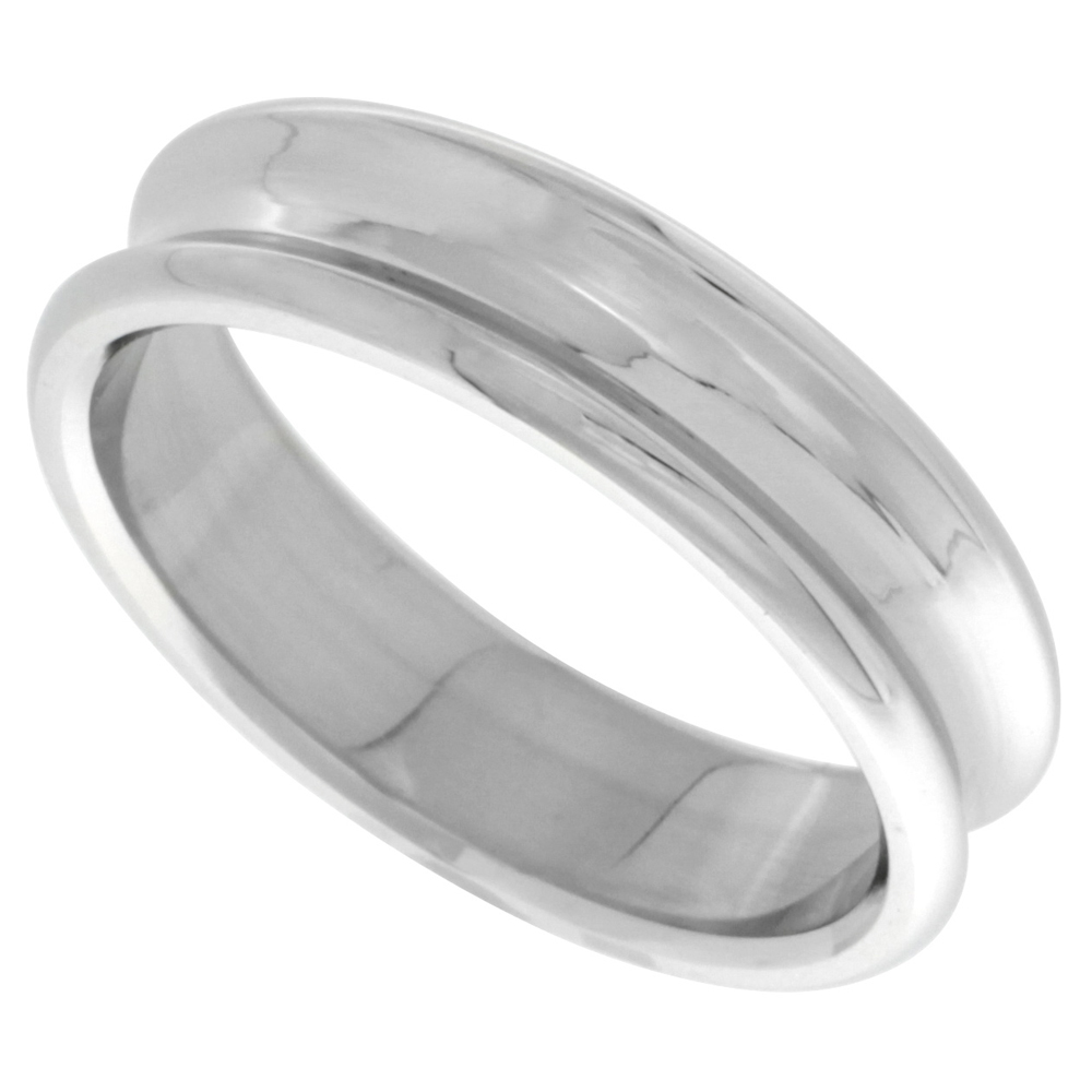 Surgical Stainless Steel 6mm Concaved Wedding Band Ring Beveled Edges Polished Finish, sizes 8 - 14