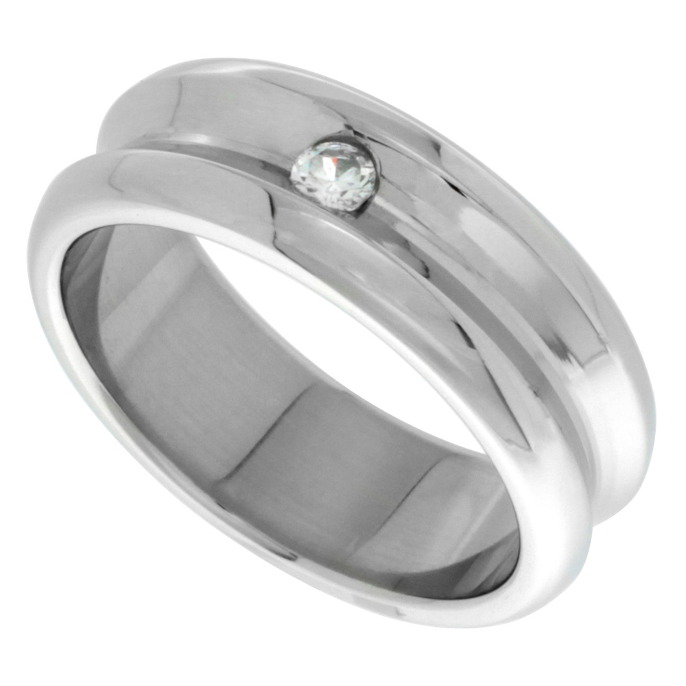 Surgical Stainless Steel 8mm CZ Wedding Band Ring Concaved Polished Finish Beveled Edges, sizes 8 - 14